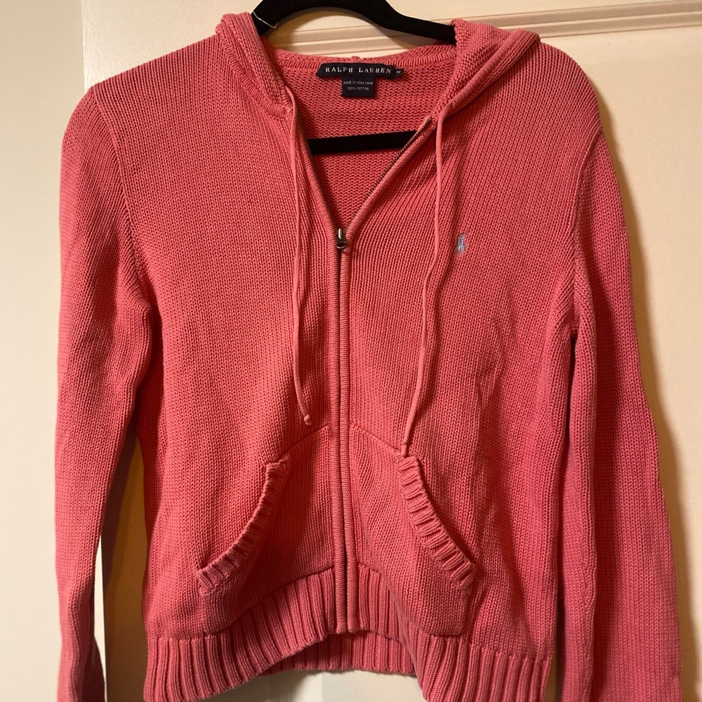 Ralph Lauren zip up sweater in pink with purple horse. Size M.